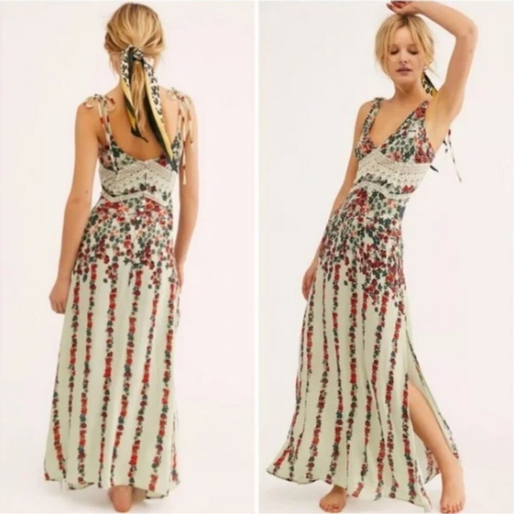 Free People Claire Floral Boho Maxi Slip Dress Sleeveless Crochet Lace NEW XS